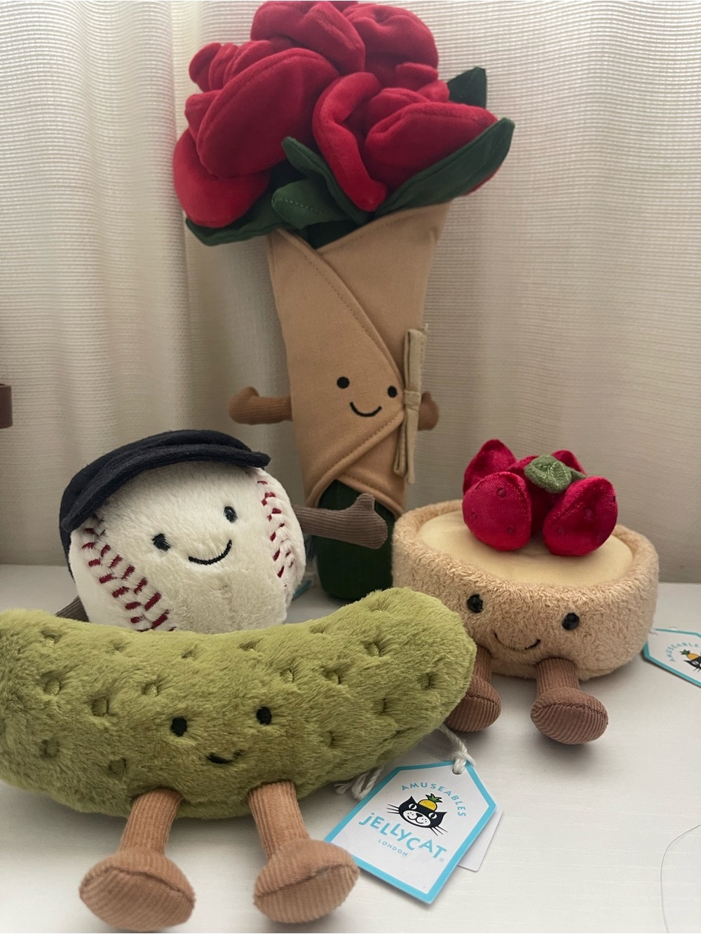 Jellycat Amuseables Collection (4) Strawberry Tart,Rose Boquet,Pickle,Baseball